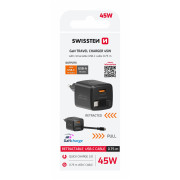 Adapter Swissten SlideCharge Gan 45W, 1X USB-A 18W + kabel USB-C 0,75 m