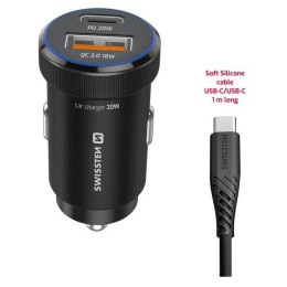 Adapter Swissten Mini Car Charger USB-C PD + USB-A, 20W + cabel USB-C / USB-C, 1 m