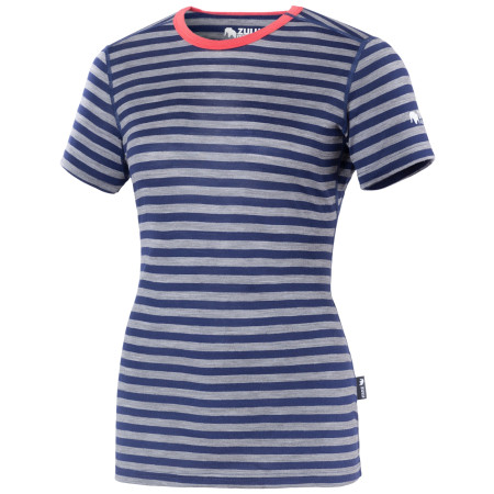 Damen-T-Shirt Zulu Merino 160 Short Stripes blau/grau narrow stripes blue-grey/coral