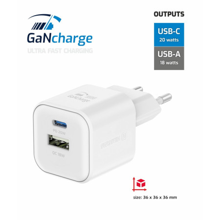 Ladegerät Swissten TRAVEL CHARGER GaN 1x USB-C 20W PD AND 1x USB-A 18W QC