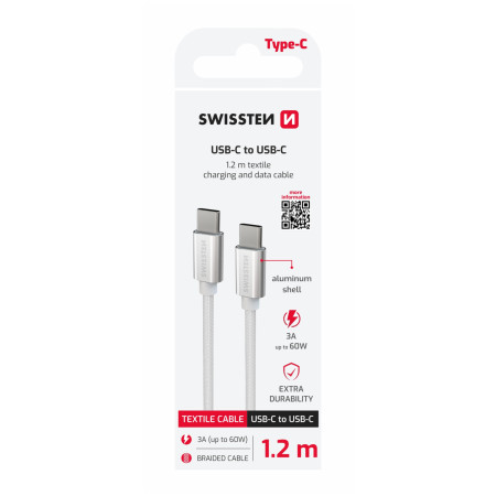 Lade- und Datenkabel Swissten Textile USB-C / USB-C 1,2 m silber stříbrná