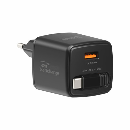 Adapter Swissten SlideCharge Gan 45W, 1X USB-A 18W + kabel USB-C 0,75 m schwarz černá