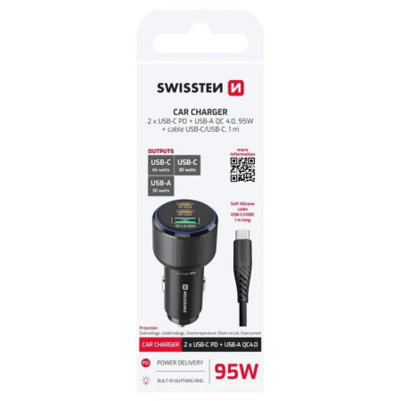 Adapter Swissten Car Charger 2x USB-C PD + USB-A, 95 W + cabel USB-C / USB-C, 1 m