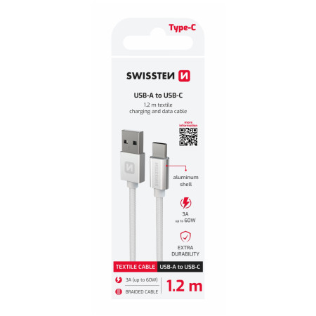 Lade- und Datenkabel Swissten Textile USB / USB-C 1,2 m silber stříbrná