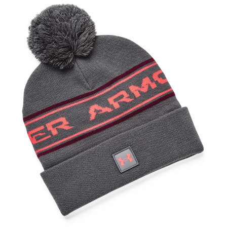 Herren Wintermütze Under Armour Halftime Pom Beanie grau Pitch Gray / Dark Maroon / Venom Red
