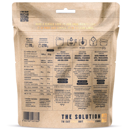 Trekkingnahrung Lyo food Haferbrei mit Äpfeln, Preiselbeeren und Zimt