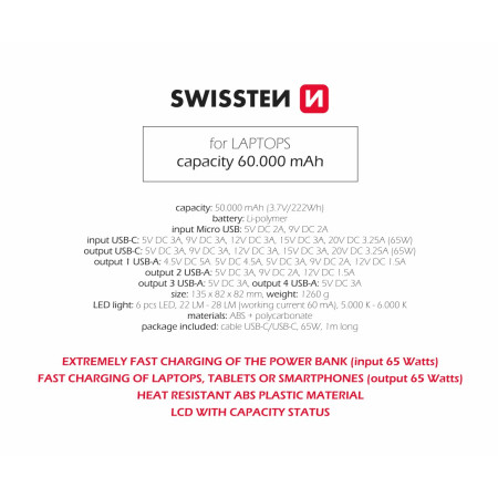 Powerbank Swissten Power Line 60000 mAh 65W