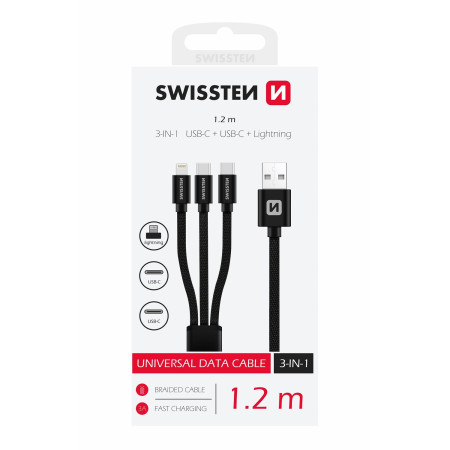 Lade- und Datenkabel Swissten DATA CABLE TEXTILE 3in1 1,2 M BLACK