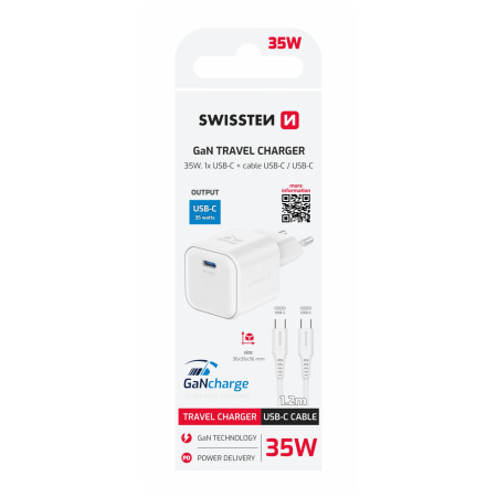 Adapter Swissten GaN 1x USB-C 35 W + USB-C-Datenkabel 1,2 m