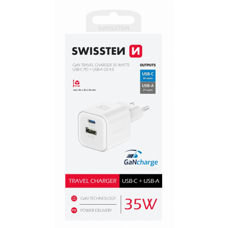 Ladegerät Swissten TRAVEL CHARGER GaN 1x USB-C 35W PD + 1x USB-A 27W QC